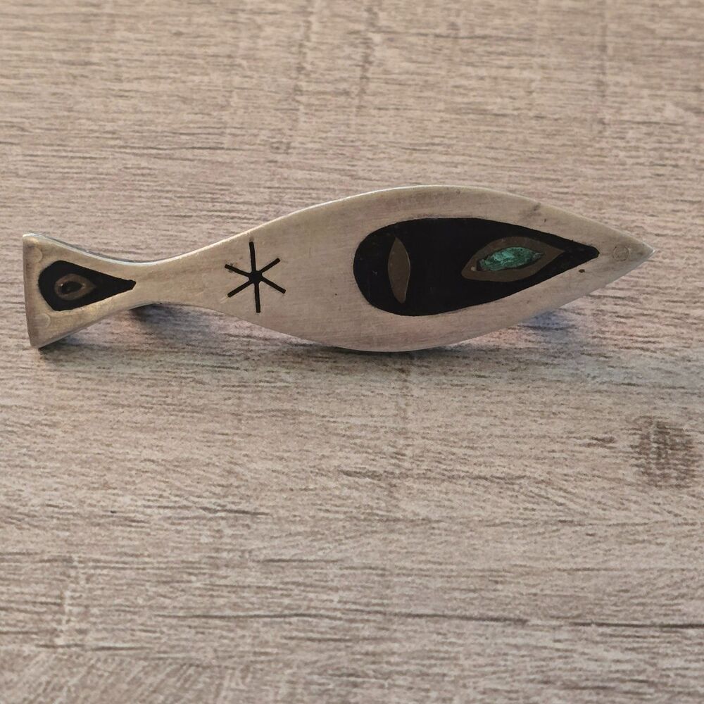 Vintage Taxco Mexico 925 Onyx and Malachite Inlay Fish Brooch